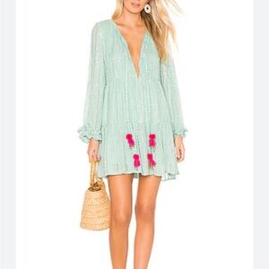 Sundress womans boho Mint Green Dress with Pink Accents mini dress size L